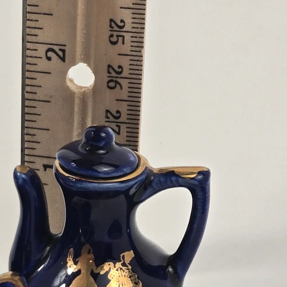 Cobalt Blue Miniature Porcelain Tea Set Gold Trim Fragonard Courting Couple 9pc